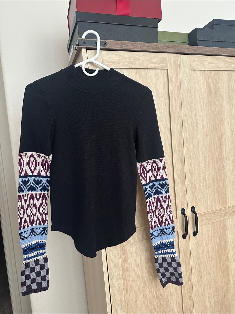 Free People Black Pullover with Multicolor Patterned Sleeves